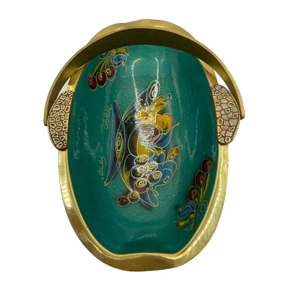 Vintage 1960s Brass Turquoise Enamel Basket With Handle Signed Made in Israel